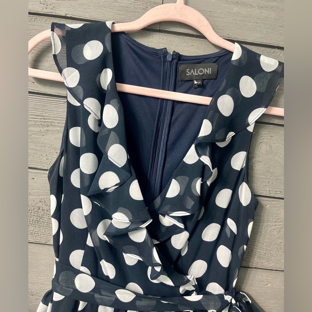 SALONI Flowy Sleeveless Navy Ruffle Wrap Dress with White Polkadots Sz 4 Summer - Picture 2 of 15